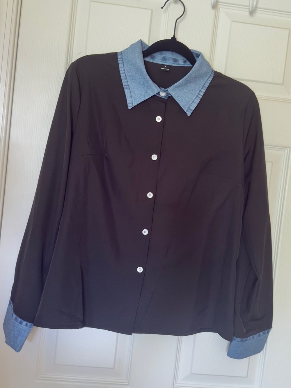 Womens Black Button-Front Blouse with Denim Collar